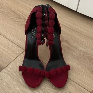 RAYE Burgundy Suede Heels with Pom Pom Detail